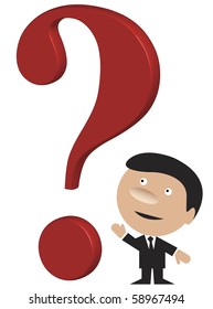 Funny well dressed business man standing in front of a big red question-mark.