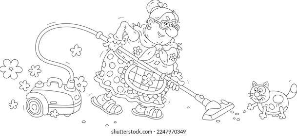Funny well-fed cat and a comical plump housewife in home clothes diligently vacuuming a floor in her apartment, black and white outline vector cartoon illustration for a coloring book