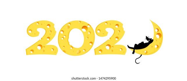 Funny well-fed smiling rat lying  on the number 2020,carved from cheese. Design template for flyers, poster, card, brochure, banner and calendar.Symbol of new year, vector illustration EPS 10 isolated