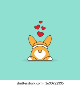 Funny welsh corgi butt with hearts. Love, romantic, amour icon. rabbits couple. vector illustration isolated on white. St. Valentine card. pembroke dog 