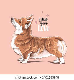 Funny Welsh Corgi dog. I need your love - lettering quote. Card of a Valentine's Day, t-shirt composition, hand drawn style print. Vector illustration.