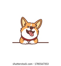 Funny welsh corgi dog smiling over wall cartoon, vector illustration