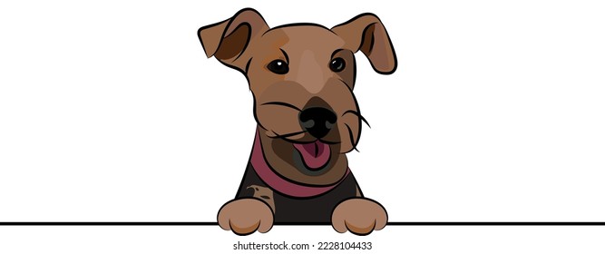 Funny Welsh terrier dog with paws over a white wall, in a pocket vector illustration. Funny dog smiling. Cute dog head on a white background. Hand-drawn mascot. Smiling dog muzzle. BFF.