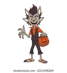 Funny werewolf holding pumpkin bag