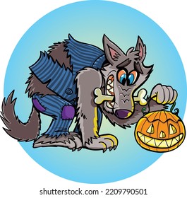 Funny Werewolf Is Holding A Pumpkin Lamp For Halloween