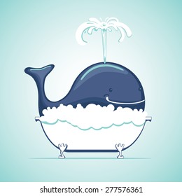 Funny whale in a bath. The whale take a bath with soapsuds. Vector cartoon. 