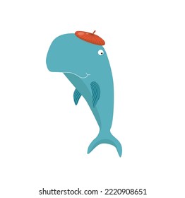 Funny whale in a beret. Vector cartoon whale. Whale is walking. Sea animal.