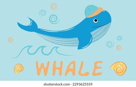 Funny whale in a cap with a painted name