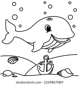 Funny whale cartoon characters vector illustration. For kids coloring book.