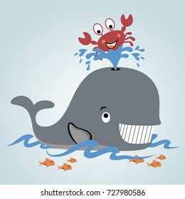 Funny whale and crab with fish in the sea, vector cartoon illustration