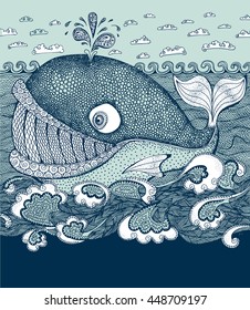 funny whale in decorative style. hand drawn vector illustration.