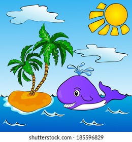 Funny whale near the tropical island with palms. Vector illustration