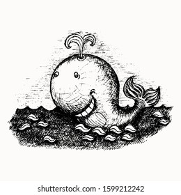 Funny whale in the sea waves hand drawn vector sketch isolated on the white background