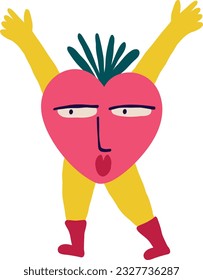 Funny whimsical charming pink jubilant positive strawberry with legs and arms, with a cute face. Illustration in a modern drawn childish style