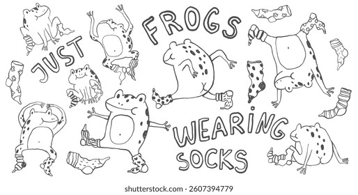 Funny whimsical frogs hand drawn ink sketches, cute animals doodles