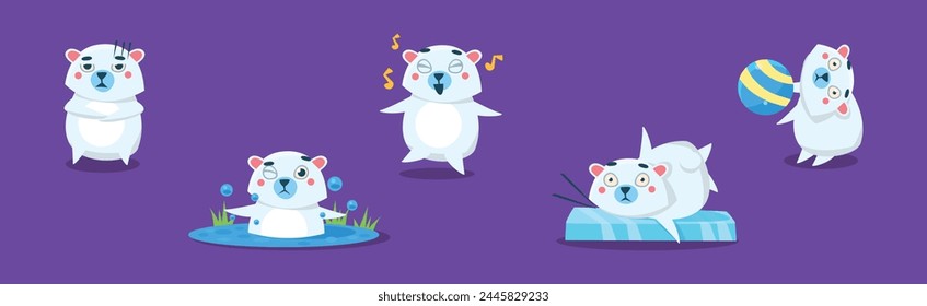 Funny White Bear Character Engaged in Different Activity Vector Set