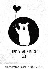 Funny white bear with quote Happy Valentines Day. Bear with a ballon. Cute hand drawn illustration for card, poster, t-shirt