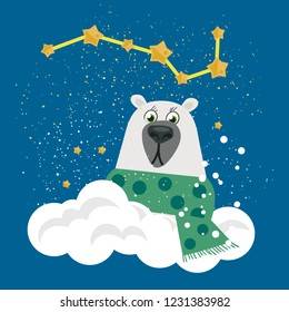 Funny white bear with scarf and cloud. Dark sky with stars and the constellation URSA major. Cartoon.