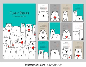 Funny White Bears Family. Design Calendar 2019