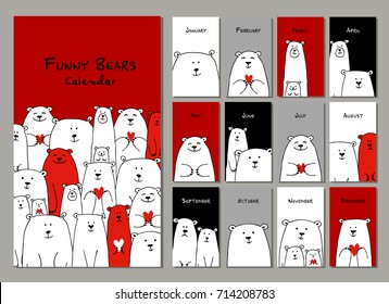 Funny White Bears Family. Design Calendar 2018 Vector Illustration