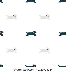 Funny white and black running dogs Flat vector illustration Seamless pattern set