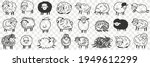 Funny white and black sheep animals doodle set