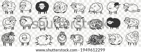 Funny white and black sheep animals doodle set 商業照片 © 
