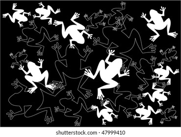 funny white and black vector illustration with frogs