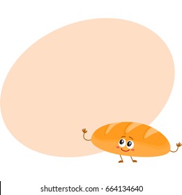 Funny white bread loaf character with smiling human face, cartoon vector illustration with space for text. Soft and crispy breakfast white bread character, mascot with smiling face