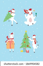 Funny white bull celebrates New Year and Christmas. Vector illustration