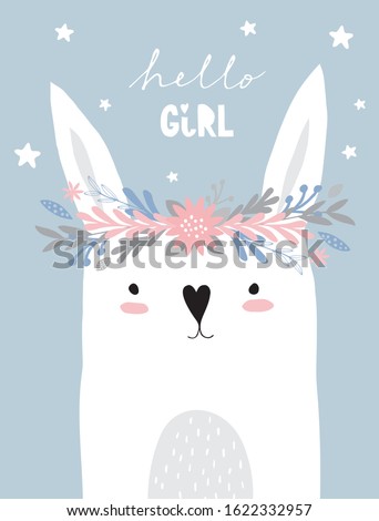Funny White Bunny Wearing Floral Wreath. Lovely Nursery Art with Cute Rabbit Isolated on a Light Blue Background. Lovely Illustration for Card, Poster, Invitation Wall Art, Baby Girl Room Decoration.