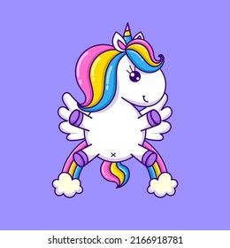 Funny white cartoon unicorn and rainbow. Flat style. For design prints, posters. postcards, stickers, etc. Vector