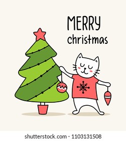 Funny white cat beside christmas tree. Merry Christmas and Happy New Year flat vector illustration poster