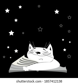 Funny white cat with book sleeping. Cartoon kitten likes reading. Cute character with a nice dreams. Vector illustration isolated on black, could be used for icon, symbol, logo, children's books