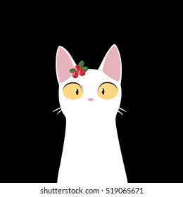 Funny white cat with cranberries. Cute hand drawn illustration for card, poster, t-shirt.