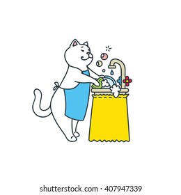 Funny white cat doing the washing up. Doodle vector illustration isolated on white background.