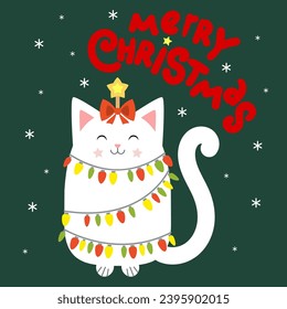 A funny white cat got entangled in a Christmas tree garland. Text Merry Christmas. For the design of Christmas cards, invitations, congratulations, etc. Vector illustration