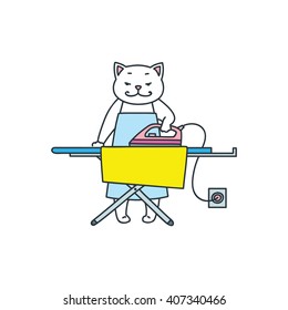 Funny white cat ironing clothes with electric iron. Doodle vector illustration isolated on white background.