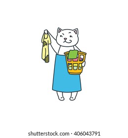 Funny white cat with laundry basket. Doodle vector illustration isolated on white background.