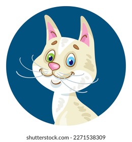 Funny white cat with multi-colored eyes. Avatar icon. In a dark blue circle. In cartoon style. Isolated on white background. Vector flat illustration