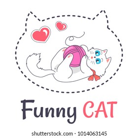 Funny white cat playing with woolen thread ball vector illustration dedicated to cats day celebration, silhouette of kitten head and hearts isolated