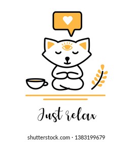 Funny white cat sitting in a yoga pose and meditating. Greeting card for Valentine's day. Concept-rest, holiday, relax, mood. good morning, tea ceremony, Japan, joga, english tea, outline, heart, post