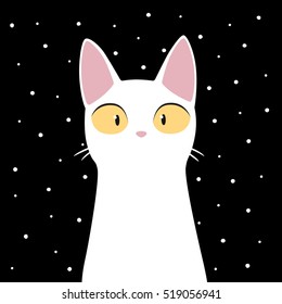 Funny white cat with snowflakes. Cute hand drawn illustration for card, poster, t-shirt.