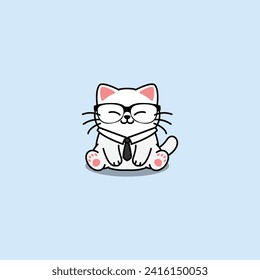 Funny white cat wearing tie and glasses cartoon, vector illustration