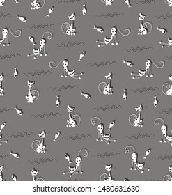 Funny white cats, fish and waves. Seamless pattern. Gray background. Cartoon polka dot cats. Design for textiles.