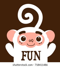 funny white cheerful happy macaque monkey, brown background , childish simple style hand drawn vector illustration for t-shirts, mugs, wall art, phone cases etc.  text "fun"