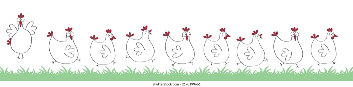 Funny white chickens running over a green meadow. Perfect banner for food or farming design. Hand drawn vector illustration. 