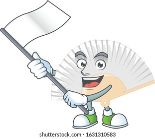 Funny white chinese folding fan cartoon character style holding a standing flag