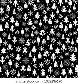 Funny White Christmas Tree and Snow Flakes Vector Pattern. Black and White Irregular Design with Abstract Trees and Dots. Simple Infantile Christmas Illustrations. Lovely Winter Forest Vector Art.
