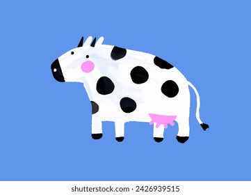 Funny White Cow in Dots. Childish Drawing-like Nursery Art with Cute Dotted Cow on a Blue Background for Card, Wall Art, Kids' Room Decoration. Lovely Infantile Style Farm Animal Print. RGB. No Text.